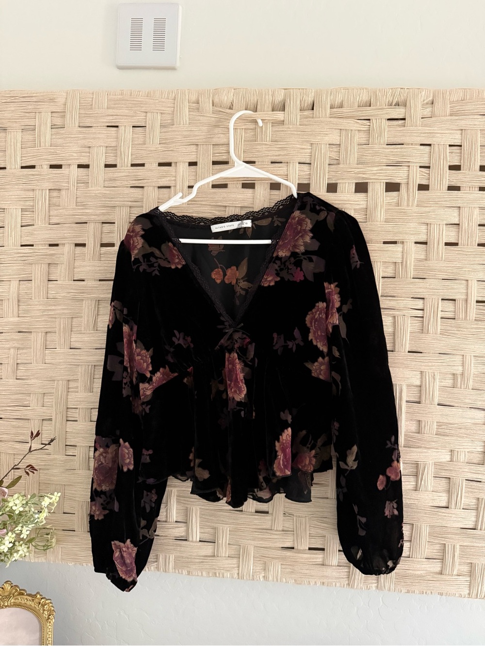 Altar’d State Floral Velvet V-Neck Blouse - Black with Burgundy Floral